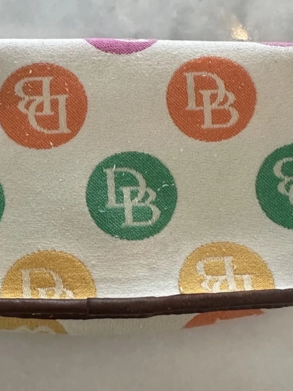 Vintage Dooney & Bourke Rainbow Monogram  Logo Dot Wristlet Cream & Brown Trim